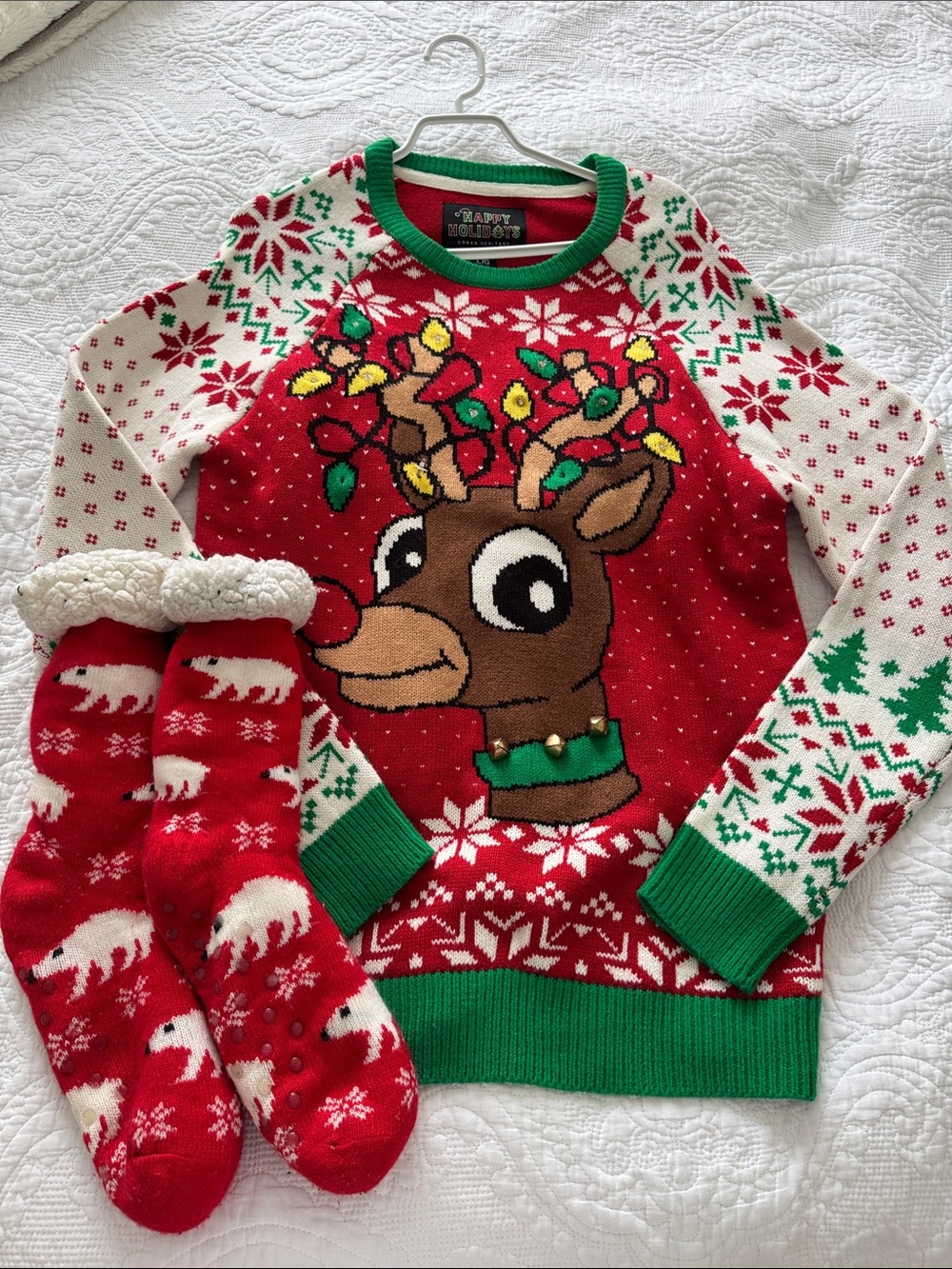 Christmas Reindeer Knit Sweater with Cozy Red Polar Bear Socks